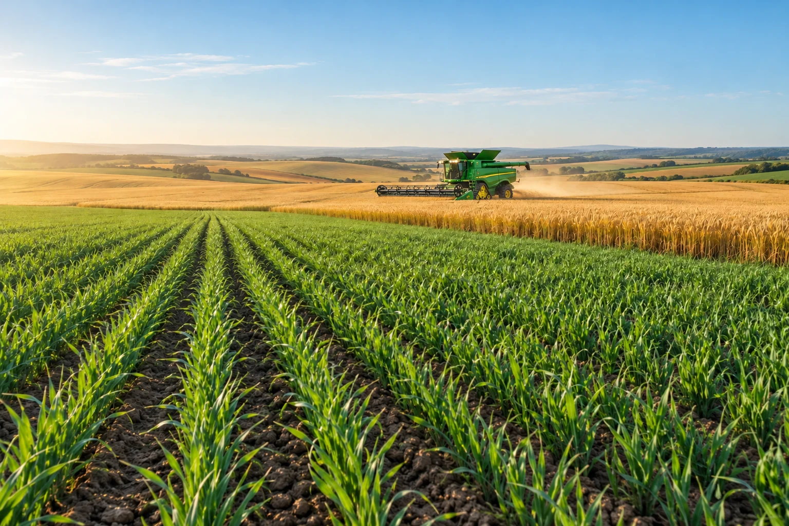 Modern tracked combine harvester working in a golden wheat field beside green crops
