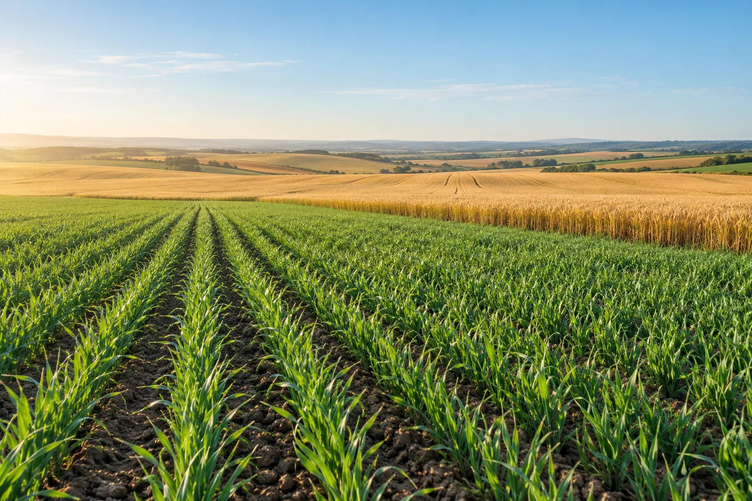 Green crops and golden wheat fields